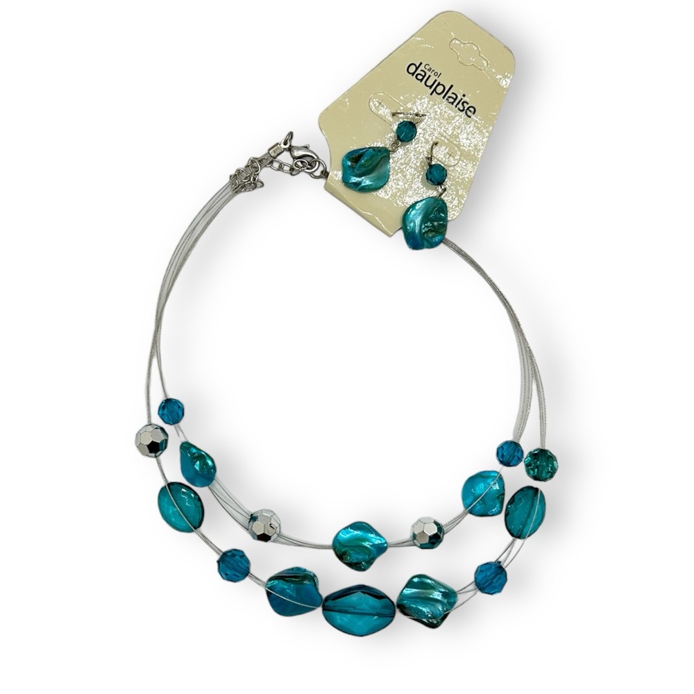 Carol Dauplaise Sea Green Glass Stones Silver Strand Earrings /Necklace set NEW